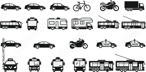 Transport vehicle silhouettes collection including cars buses trucks bicycle motorcycle and taxi isolated on white background, transportation icon vector set