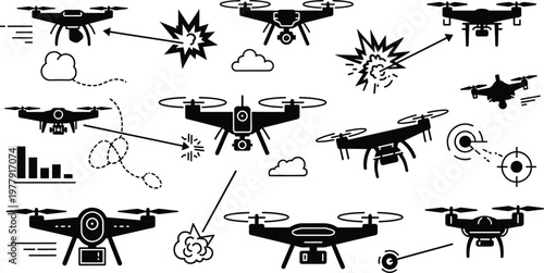 Drone combat infographic elements with technical data visualization symbols