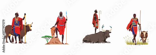 Vector Illustration Set of Maasai People in Traditional Red Clothing with Cattle in the African Savanna Isolated on White Background