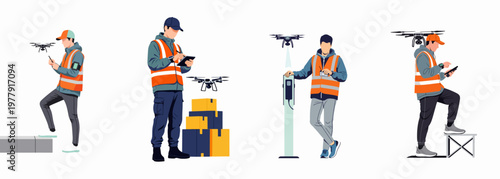 Flat vector illustration set of professional drone operators in safety vests performing various logistical and technical tasks with drones and digital devices.