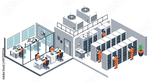 Isometric illustration of a modern data center with engineers and technicians working on servers and computer systems in a professional office environment with a separate workstation area