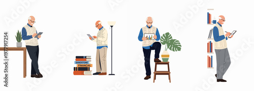Vector illustration set of an elderly man using a tablet for finance, learning, and productivity in various modern home office settings.