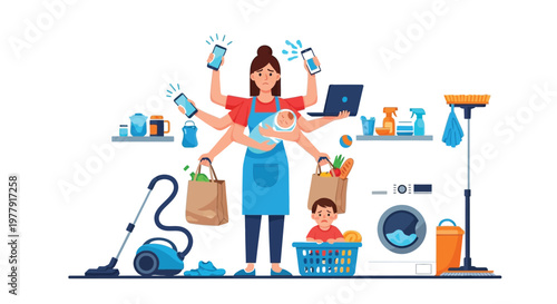 Multitasking woman managing household chores with various cleaning tools and baby