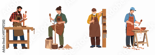 Collection of diverse woodcarving artisans using traditional hand tools to create wooden spoons and bowls, isolated on a white background.