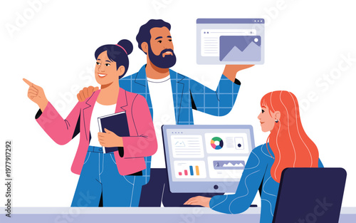 Diverse business team discusses digital strategy and reviews project progress using laptops and screens