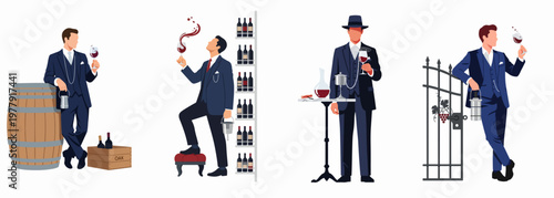 Set of illustrations featuring a sophisticated man in a suit tasting and enjoying wine in various vineyard and cellar settings.