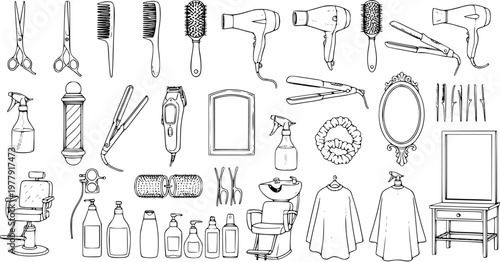 Hand-drawn set of Barber Shop Tools and Equipment in Black and White