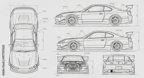 Detailed Blueprint Schematics of a Sports Car Design.