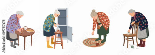 Illustration set of elderly women facing poverty, counting small amounts of money and dealing with empty cupboards and financial hardship in old age.