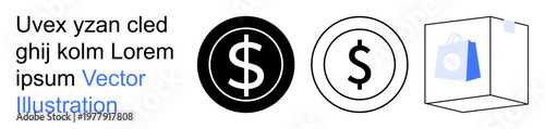 Finance, currencies, shopping, retail, e-commerce, transactions. Black and white dollar symbols alongside a shopping bag outline. Finance and currencies focus suitable for digital platforms