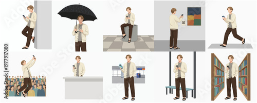 Illustrated Trendy Young Man with Phone in Various Poses Character
