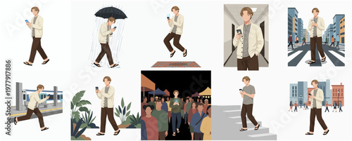 Casual Flat Design Man Using Smartphone in Various Urban Scenes Illustration
