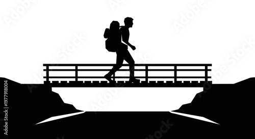 Couple hiking on suspension bridge.
