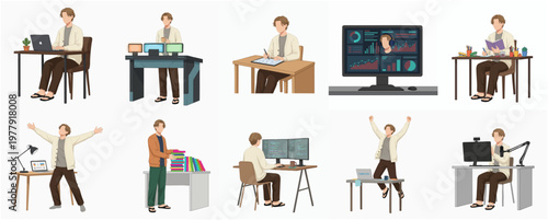 Simple Flat Illustration of Man Working from Home Lifestyle Set