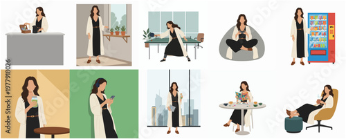 Minimalist Style Various Lifestyle of Woman in Different Environment Illustration