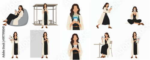 Minimalist Flat Woman Using Mobile Device Lifestyle and Daily Activity Illustration Set