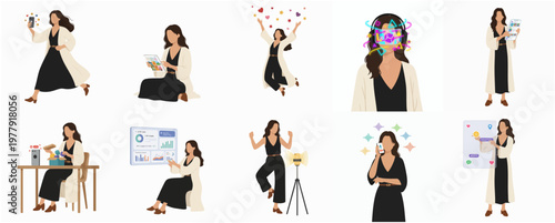 Simple Flat Woman in Various Poses Doing Activity Illustration Set