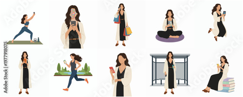 Flat Design Woman Using Mobile Phone in Various Lifestyle Activity Illustration
