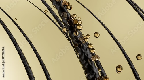3D animation showing dry and damaged hair strands with rough surfaces. Multiple golden serum droplets absorb into the hair fibers, making the strands smoother and shinier. Hair repair and nourishment 