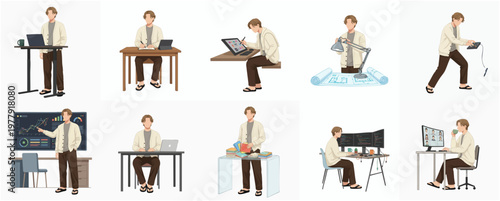 Simple Lineart Collection of Man Working at Desk with Multiple Activities