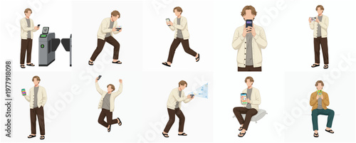 Minimalist Illustration of Young Adult Man Using Mobile Phone in Various Poses