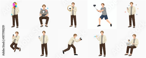 Handdrawn Outline Man with Gadget in Various Poses Character Illustration