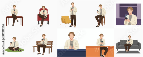 Flat Illustration Casual Man Using Smartphone in Different Situation Set