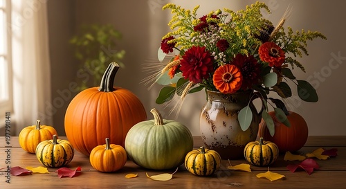 Autumn harvest display pumpkins and floral arrangement on wooden table