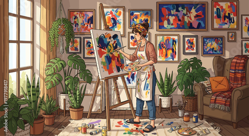 Female Artist Painting on Easel in Studio with Colorful Artworks