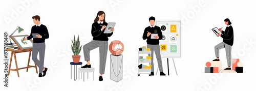 Set of creative designers and artists working on various projects including logo design, sketching, and digital illustration in professional workspace environments.