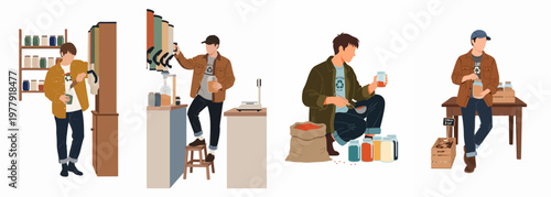 Set of illustrations depicting men shopping at a zero-waste bulk store, filling glass jars with various food items for a sustainable lifestyle.