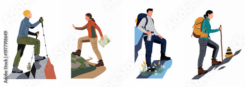 Collection of Flat Vector Illustrations Showing Diverse Hikers and Trekkers Exploring Mountains with Backpacks, Maps, and Trekking Gear.