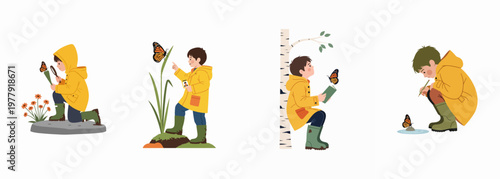 Set of illustrations featuring young boys in yellow raincoats exploring nature and observing monarch butterflies in various outdoor settings.