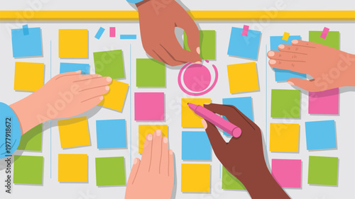 Diverse team collaborates on a whiteboard with colorful sticky notes during a dynamic planning session