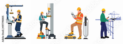 Set of illustrations depicting modern industrial workers using digital technology, drones, and automated machinery for construction, logistics, and smart factory operations.