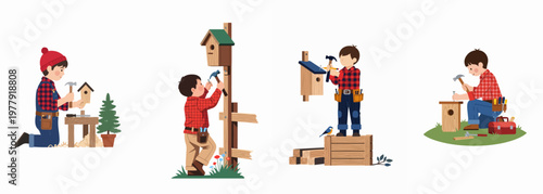 Set of four illustrations featuring a young boy building and installing wooden birdhouses, showcasing craftsmanship, DIY projects, and creative outdoor hobbies for kids.
