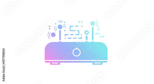 Wireless router icon with signal waves and digital data stream