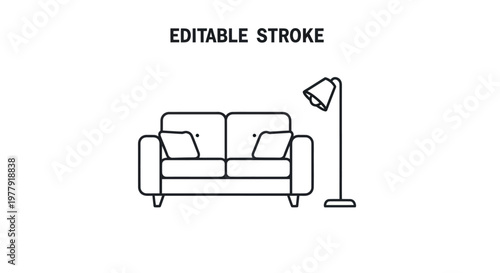 Minimalist living room icon: sofa and floor lamp, editable stroke line art