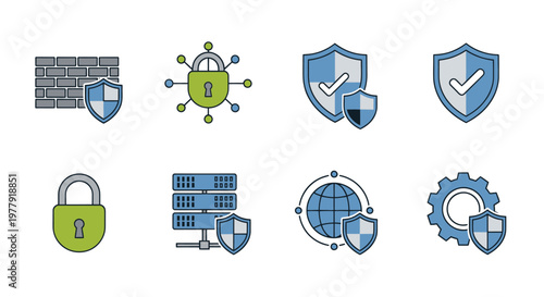 Cyber Security Icons: Firewall, Lock, Shield, Server, Globe, Gear