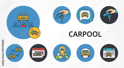 Carpooling concept icons: car sharing, ride, transport, keys, calendar, map
