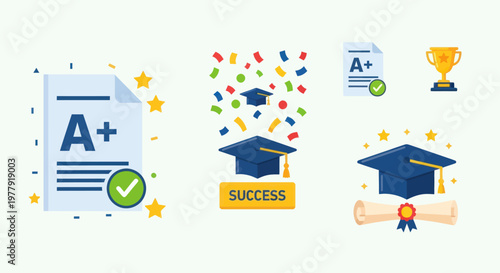 Graduation Success A+ Grades and Trophy Icon Set - Education Achievement Concept