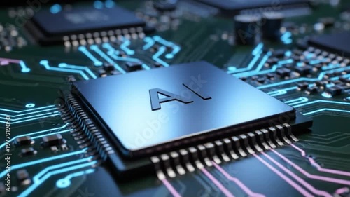 Closeup of a central processing unit chip with ai lettering on a circuit board with glowing blue and pink data pathways