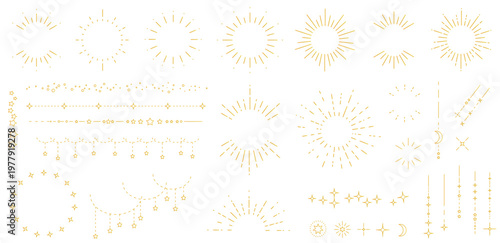 太陽と星空をイメージしたシンプルな飾り罫線・ラインのイラストセット　キラキラ　点　Sunburst