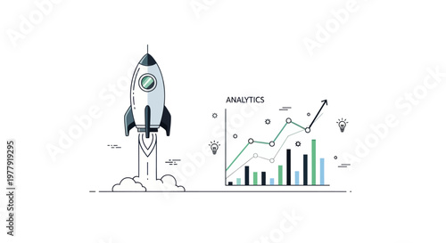 Rocket Launching Near Analytics Chart, Business Growth and Startup Concept