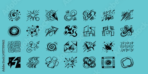 icon sheet collection of abstract artistic doodles, hand-drawn swirls, arrows, and geometric sketches for creative layout and expressive design decorations.