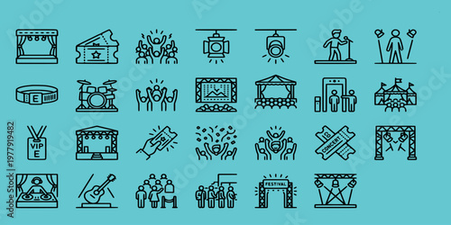 icon sheet collection of concert and music festival elements including stages, crowds, speakers, tickets, performers, and event security personnel in line art.