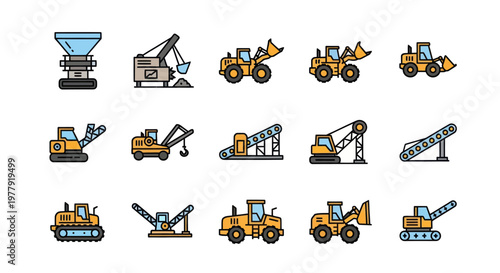 Construction Equipment Icons: Loaders, Excavators, Conveyors, Crane, Trucks