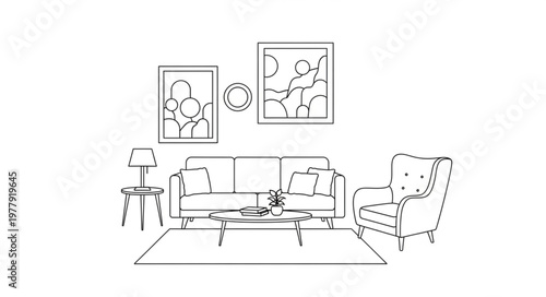 Living room sketch with sofa armchair and artwork.