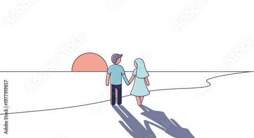 Minimalist flat illustration of a young couple holding hands walking on a beach at sunset. Romantic travel, honeymoon, and relationship concept.