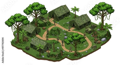 A 3D isometric military base illustration showcases an army camp with tents and tropical trees, designed as a vector graphic with strategic placement, set against a clean background